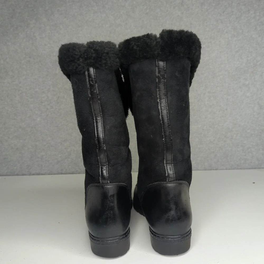 Vintage Italian Black Leather‎ Lace Up Tall Winter Boots Faux Fur Women's 8